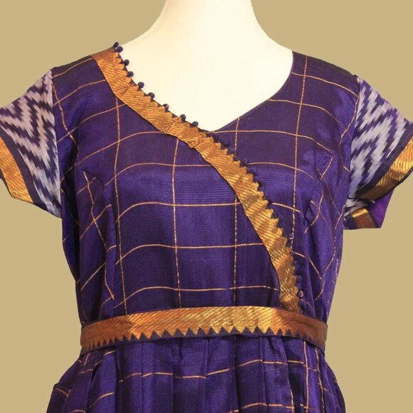 Purple Checker Silk Anarkali Dress | Muvvas Boutique - Picture 5 of 5